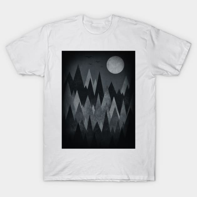 Dark Mystery Abstract Geometric Triangle Peak Wood's (black & white) T-Shirt by badbugs